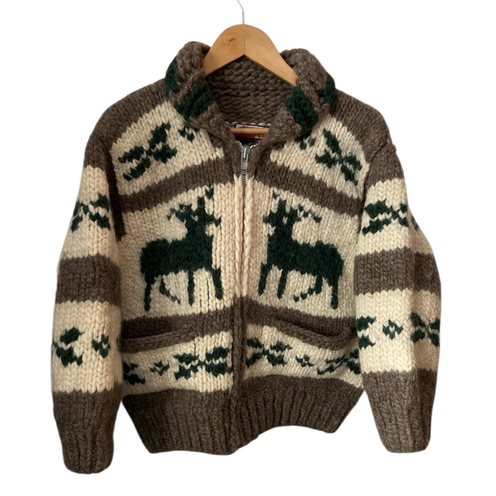 Chunky Moose-Pattern Zip Cardigan Sweater - Cream, Brown & Green